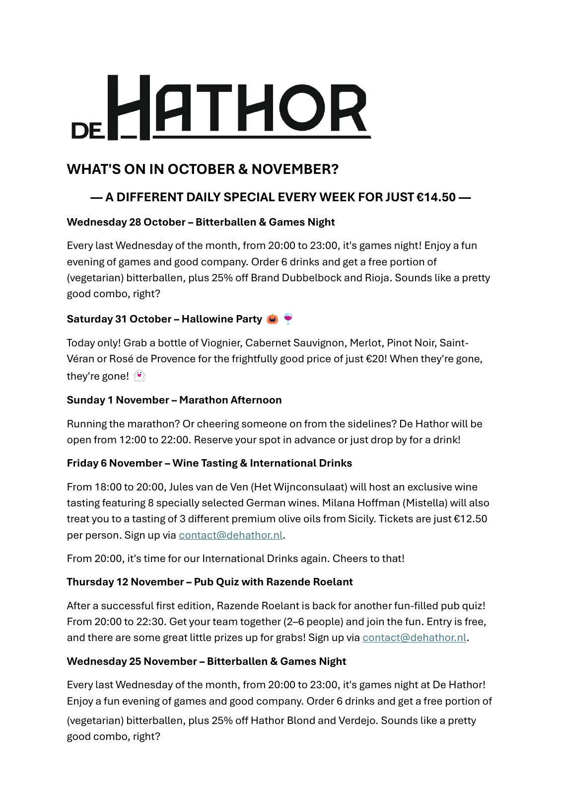 DE HATHOR programme for October–November 2026