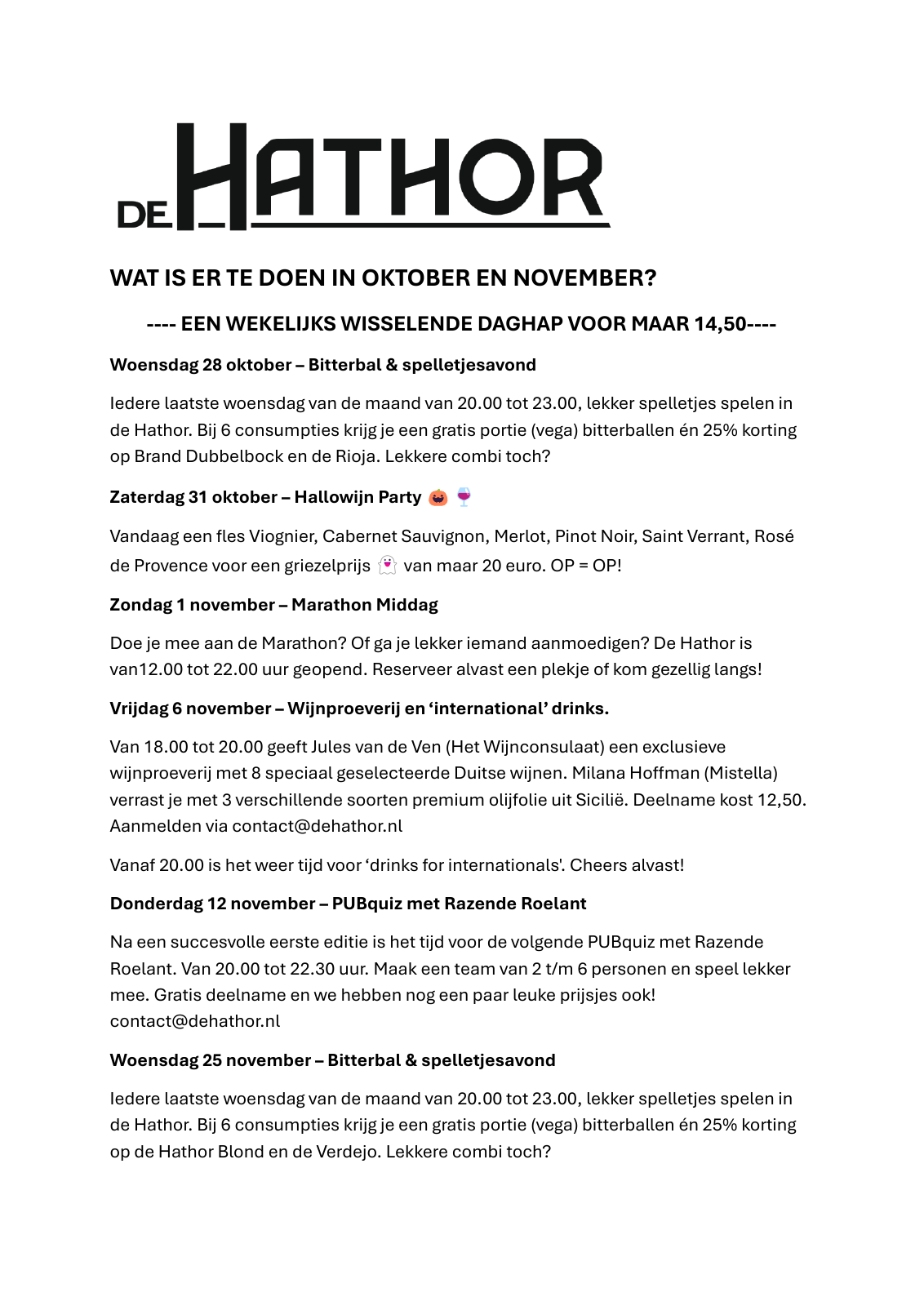 Programma van DE HATHOR voor oktober–november 2026